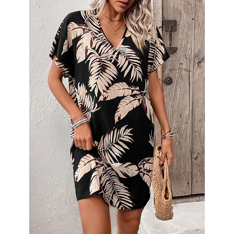 Women's Mini Dress Casual Dress T Shirt Dress Tee Dress Stylish Casual Vacation Daily Regular Fit Leaf Short Sleeve V Neck Black Summer3