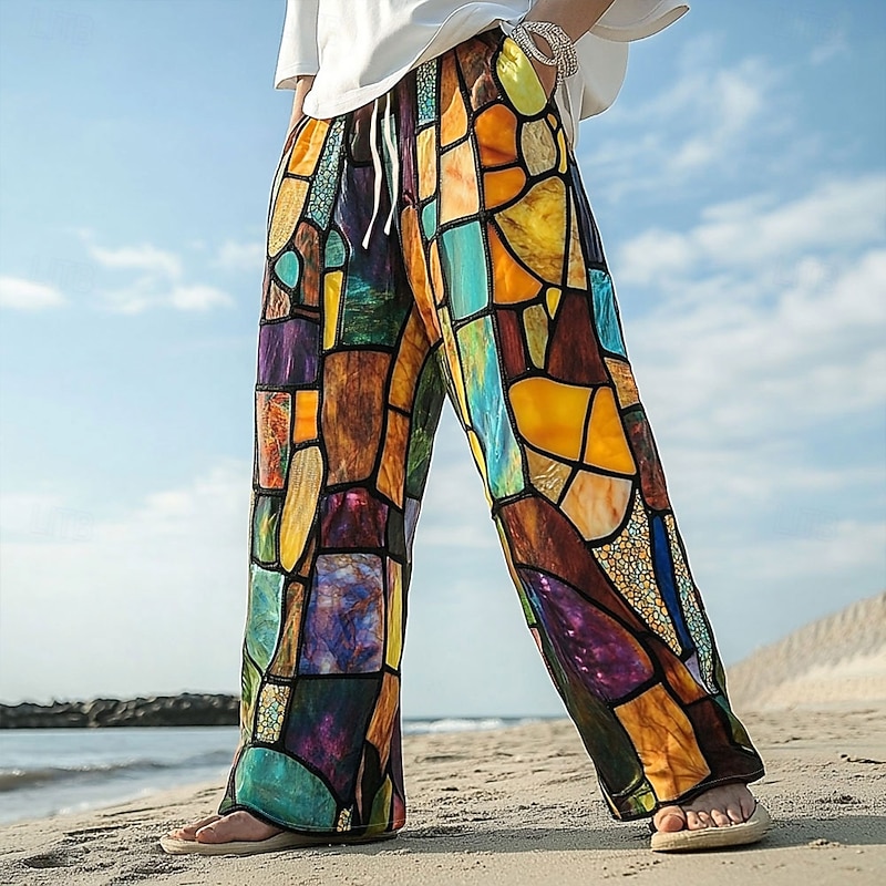 Men's Patchwork Cathedral Window Trousers Casual Pants Drawstring Elastic Waist Hawaiian Vintage Retro Outdoor Vacation Holiday Side Pockets Straight Leg Trousers Summer Spring Fall 3D Print Orange
