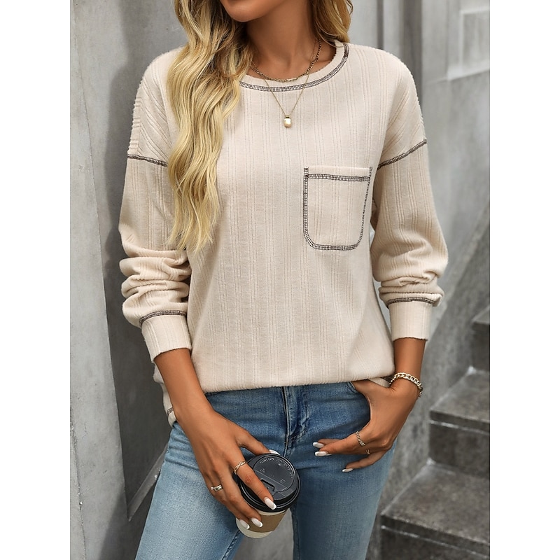 Women's Texture Sweatshirt T Shirt Plain Fashion Modern Casual Long Sleeve Crew Neck Regular Tops Daily Weekend Pocket Beige Gray Summer Spring