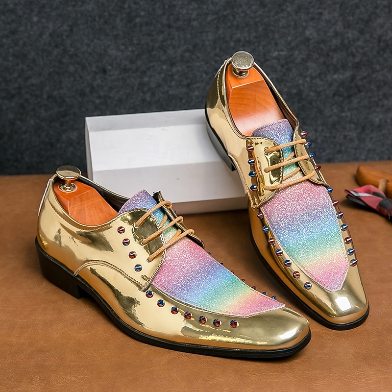 Men's Gold Metallic Faux Leather Oxford Shoes with Rainbow Glitter and Studded Details – Statement Footwear for Parties, Weddings and Special Events3
