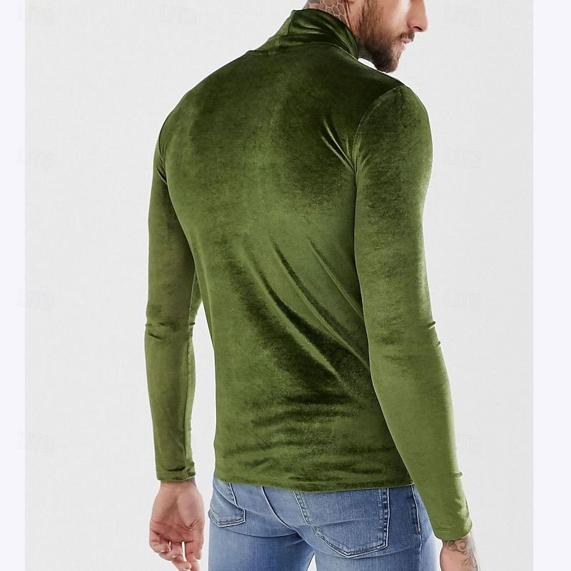 Men's T Shirt Velvet Tee Tee Top Long Sleeve Shirt Long Sleeve Turtleneck Spring &  Fall Plain Fashion Designer Basic Velvet Vacation Street Going out Black Red Green Top Tee for Men4