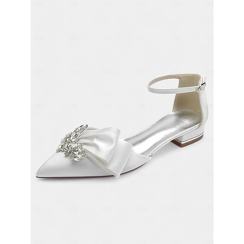 White Satin Pointed-Toe Heels with Rhinestone Bow and Ankle Strap - Perfect Bridal Shoes for Weddings