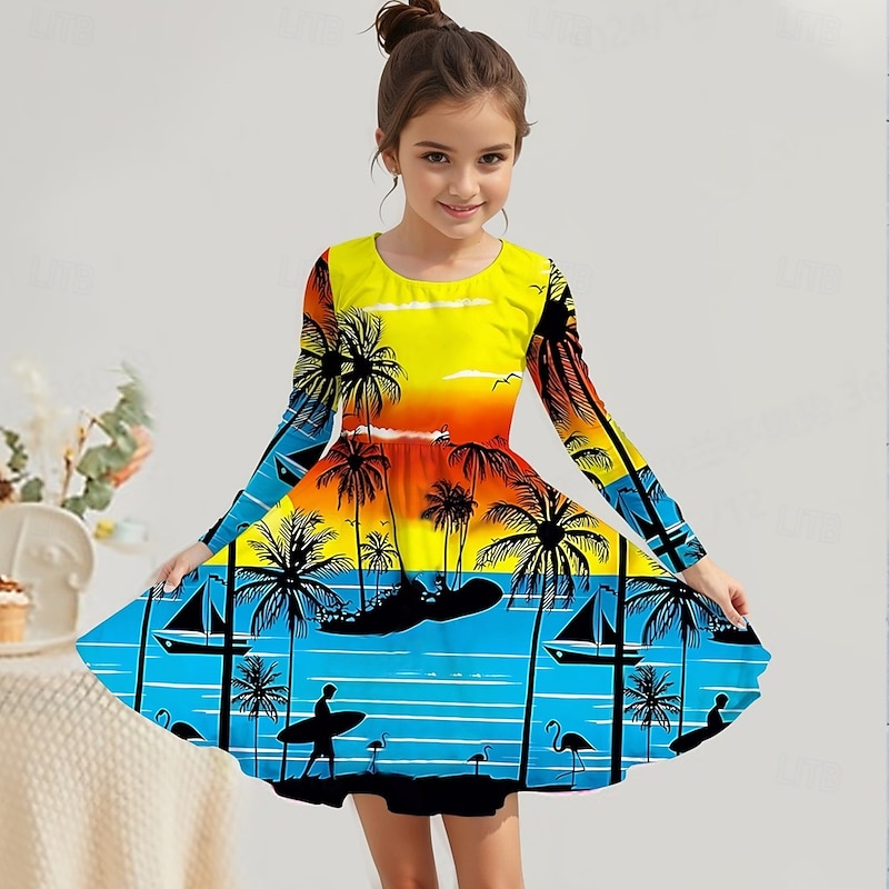 Girls' 3D Graphic Coconut Tree Dress Long Sleeve Summer Spring Vacation Daily Holiday Princess Beautiful Sweet Kids 4-12 Years Casual Dress A Line Dress Knee-length Regular Fit3