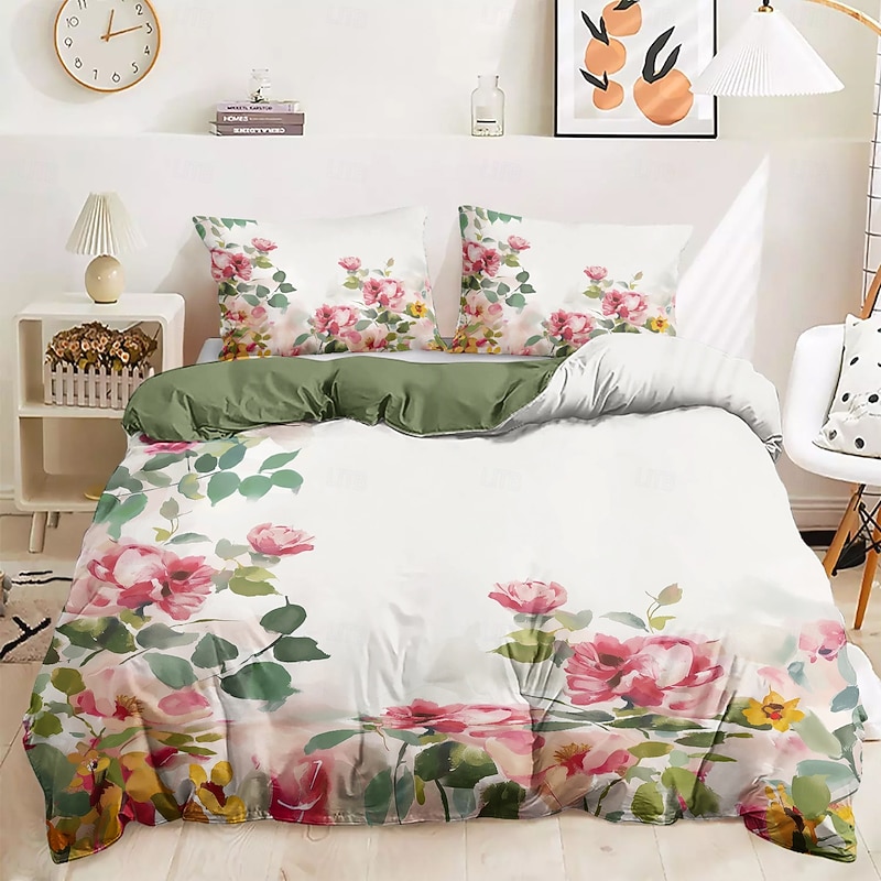 100% Cotton Floral Series Duvet Cover 3-Piece Set Short Fluff for Summer Soft Skin Friendly Comfy Lightweight Queen King Size2