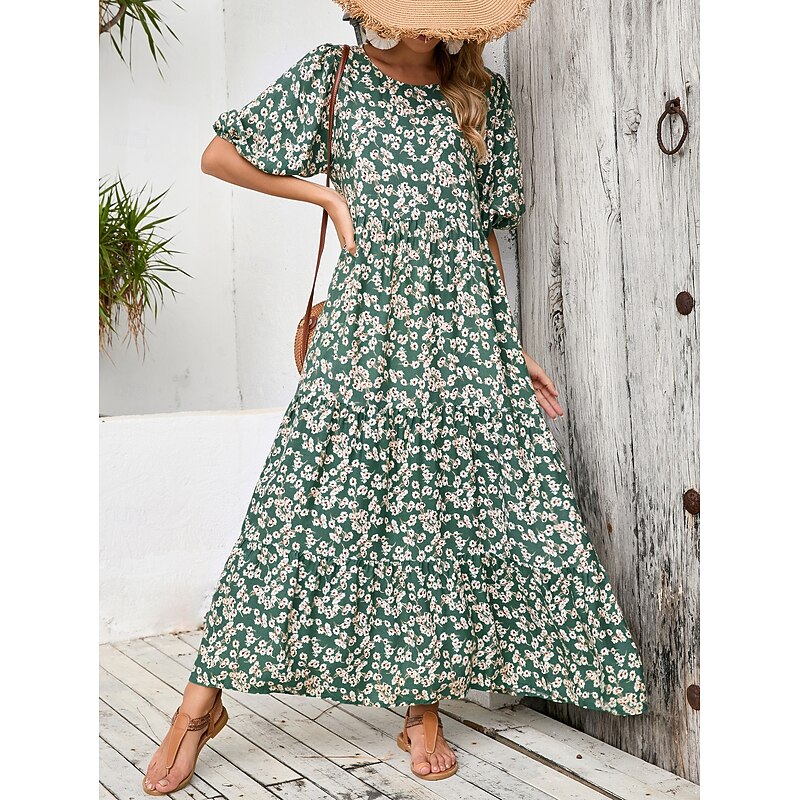 Women's Maxi Dress Casual Dress Swing Dress Boho Chic Dresses Bohemia Cute Stylish Vacation Daily Beach Loose Fit Graphic Ditsy Floral Half Sleeve Crew Neck Green Summer Spring Fall3