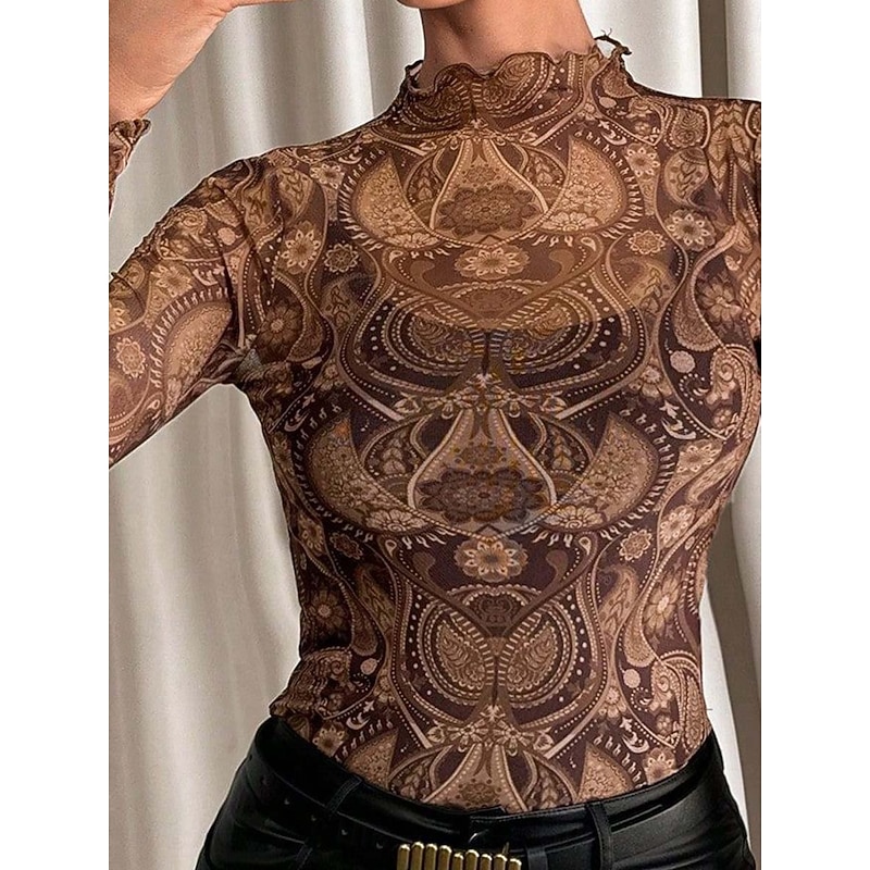 Women's Boho Shirt Dressy Tops Leopard Elegant Long Sleeve Cowl Neck Regular Tops Brown Summer Spring2