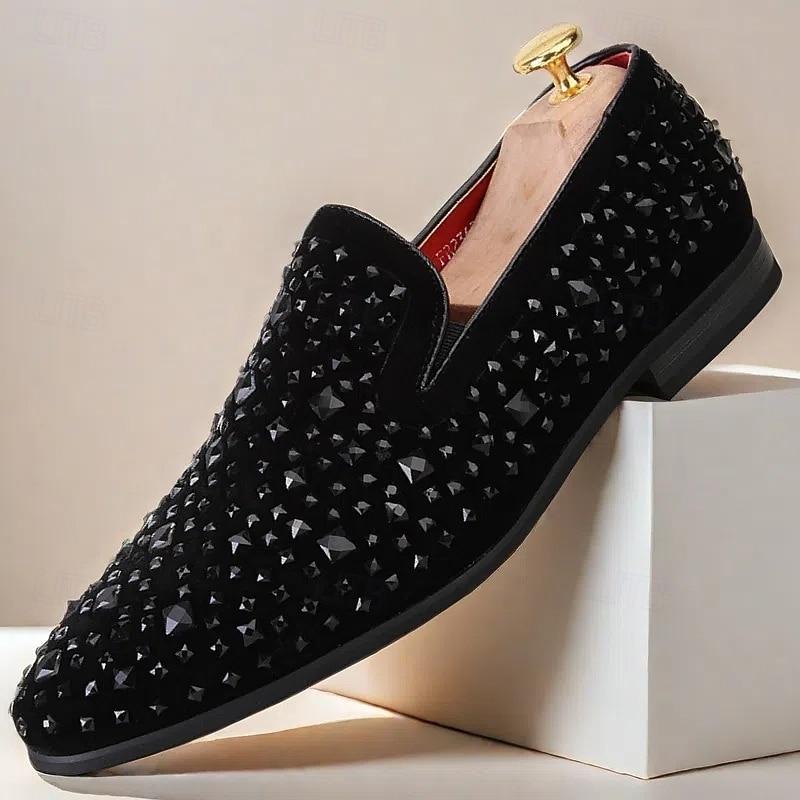 Men's Black Velvet Loafers with Studded Detail – Stylish Slip-On Shoes for Formal and Evening Occasions