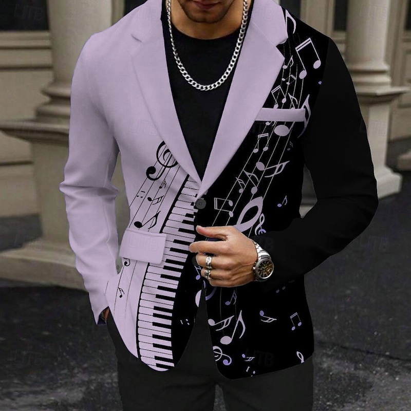 Men's Musical Notes Long Sleeve Turndown Business Casual Party Evening Wear Daily Buttons Print Multi Pocket