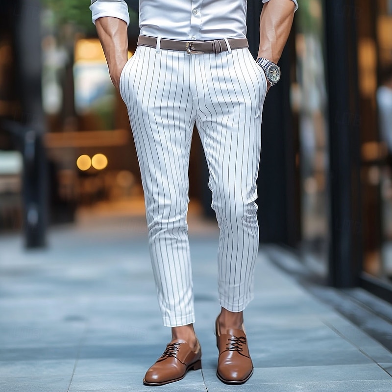 Men's Geometric Striped Dress Pants Trousers Mid Waist Business Casual Outdoor Vacation Streetwear with Pockets Slim Fit Flat-Front Summer Spring Fall 3D Print White