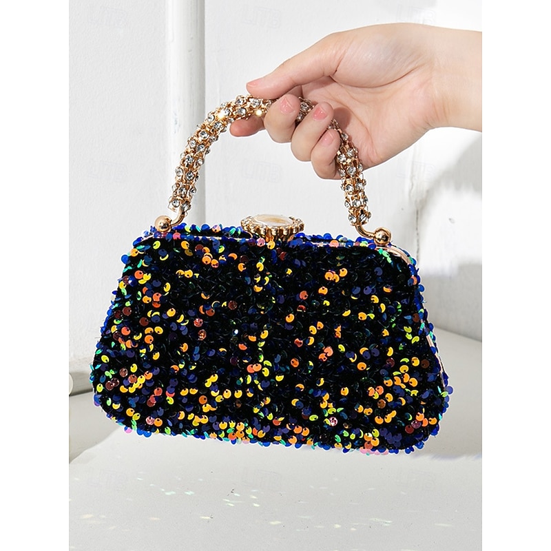 Women's Sequin Embellished Evening Clutch Bag – Vintage Glitter Handbag with Rhinestone Handle, Perfect for Weddings, Parties and Formal Events2