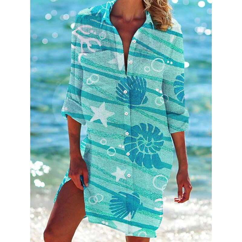 Women's Mini Dress Shirt Dress Casual Dress Shift Dress Daily Holiday Vacation Hot Shirt Collar Print Long Sleeve Summer Fall Spring Loose Fit Red Blue Green Rainbow Print