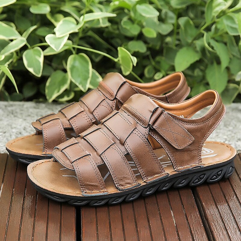 Men's Brown Faux Leather Sandals – Adjustable Straps, Breathable Design, Casual Outdoor Footwear for Summer Activities3