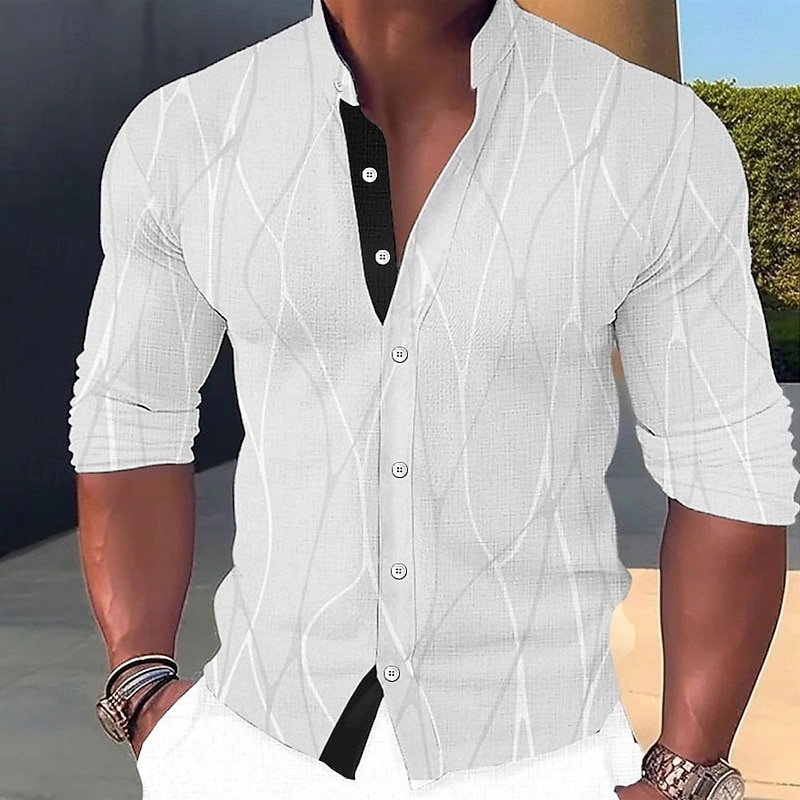 Men's Shirt Dress Shirt Geometric Pattern Outdoor Casual Black White Dark Green Brown Long Sleeve Stand Collar Summer Spring Clothing Apparel Print2