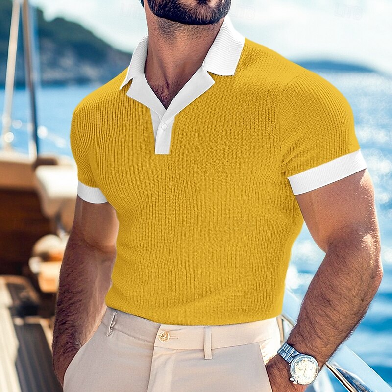 Men's Muscle Shirt Golf Shirt Work Casual Cuban Collar Ribbed Polo Collar Short Sleeve Vacation Basic Color Block Ribbed Spring & Summer Slim Fit Yellow Navy Blue Green Light Blue Muscle Shirt4