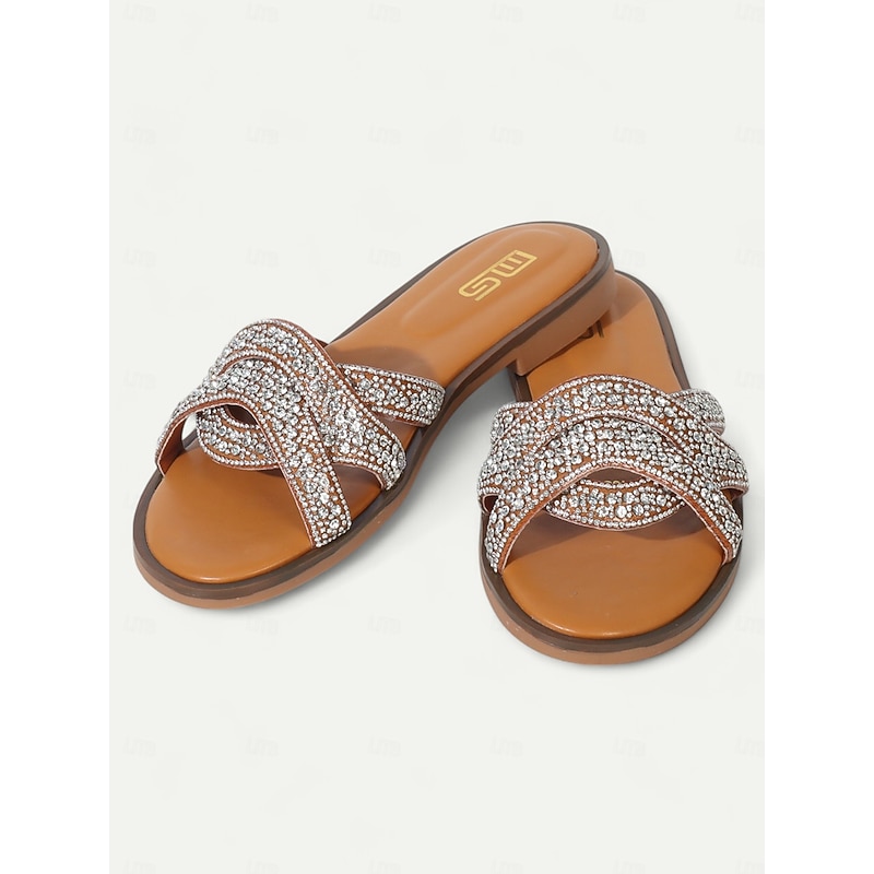 Women's Bohemian Rhinestone Flat Sandals – Sparkly Slip-On Beach Slides with Crisscross Straps for Summer & Casual Wear4