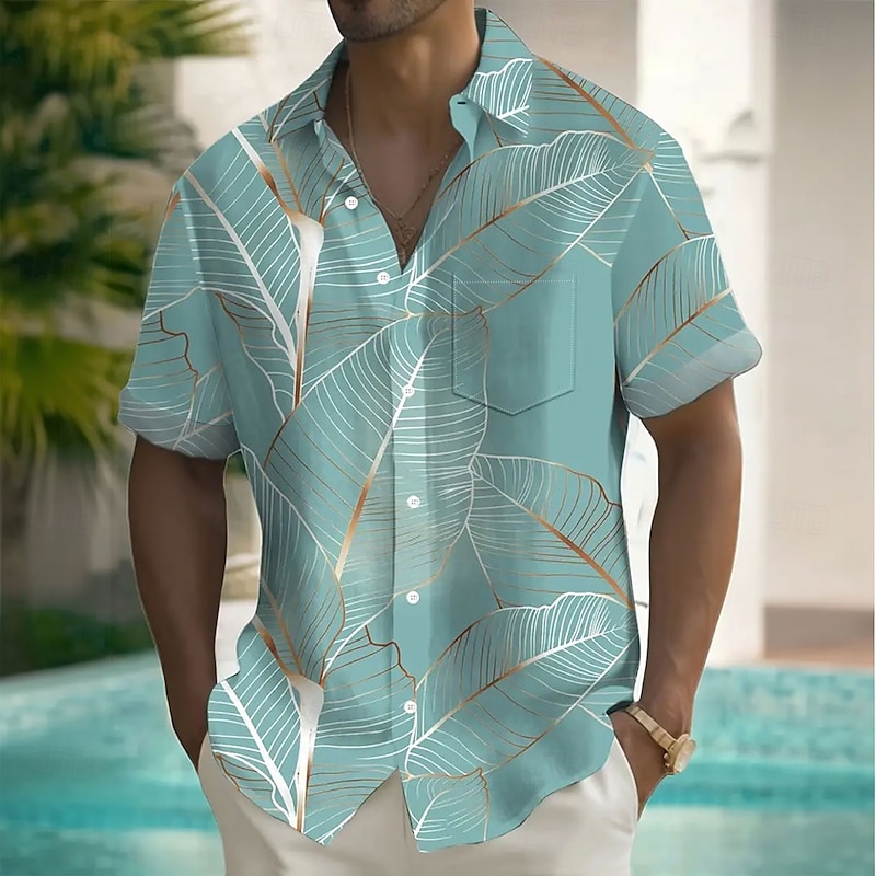 OUKU Men's Palm Leaf Tropical Plants Summer Hawaiian Shirt Button Up Shirt Short Sleeve Hawaiian Resort Vacation Holiday Beach Wear Summer Spring Turn