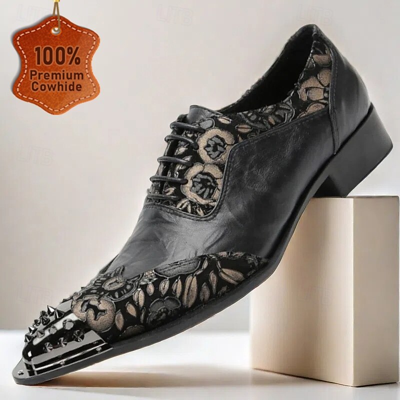 Men's Black Leather Lace-Up Dress Shoes – Premium Cowhide with Floral Embroidery and Metal Studded Toe Cap for Formal Events and Parties