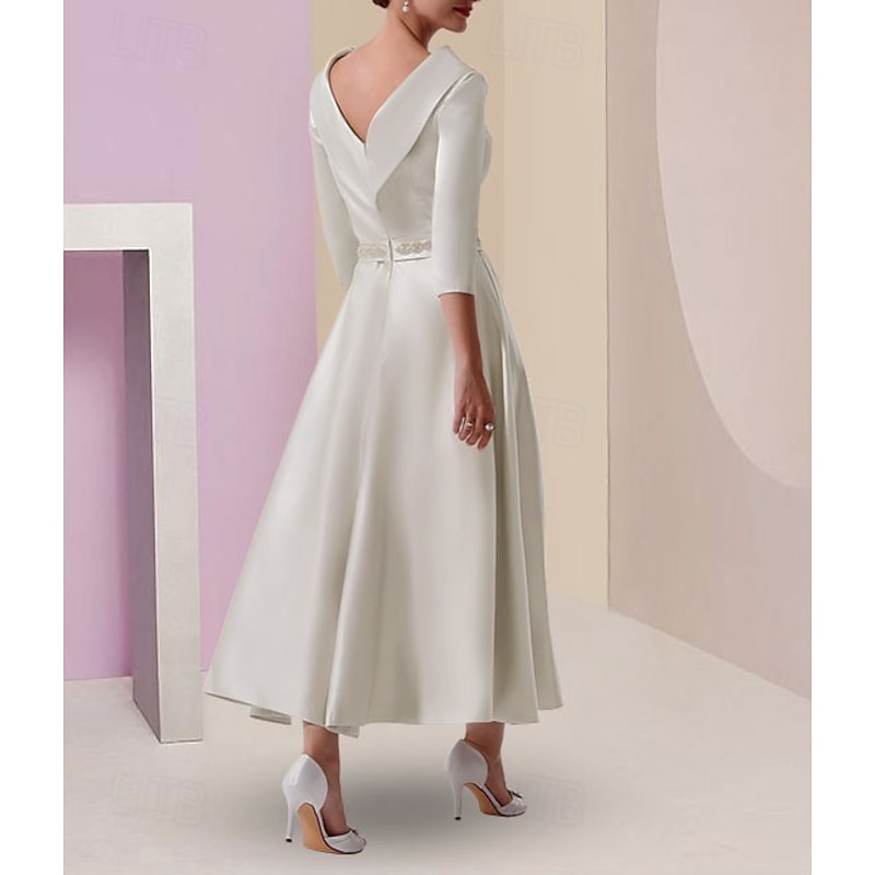 A-Line Dress Mother of the Bride Dress Elegant Vintage Bateau Neck Tea Length Satin 3/4 Length Sleeve with Beading Race Day Dress3
