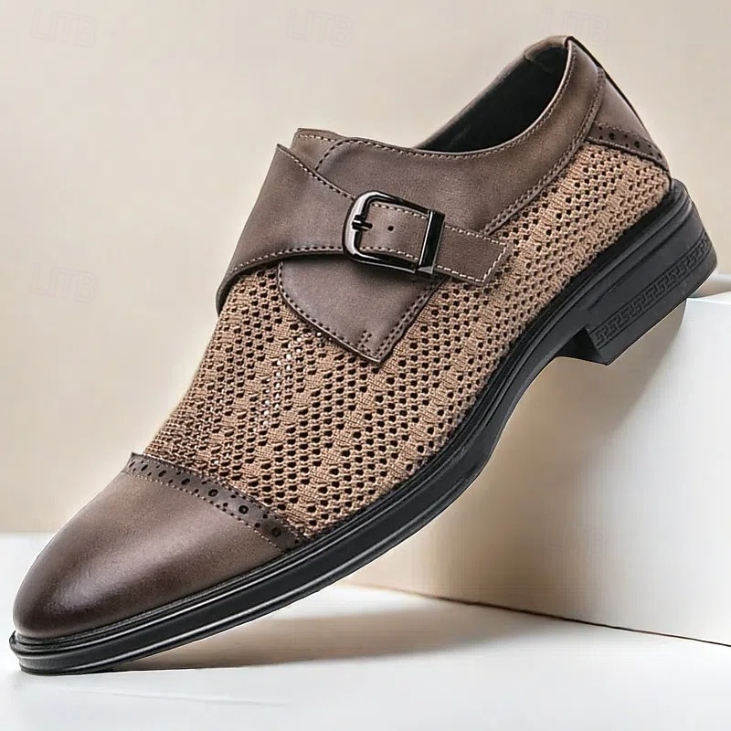 Men's Breathable Mesh and Faux Leather Monk Strap Shoes - Lightweight Formal Dress Shoes for Summer Events and Office Wear