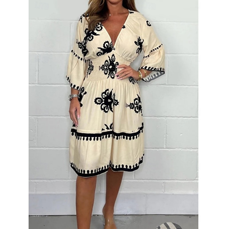 Women's Midi Dress Casual Dress Boho Chic Dresses Boho Dress Bohemia Casual Boho Vacation Daily Beach Loose Fit Graphic Long Sleeve V Neck Black Red Green Apricot Summer Spring4