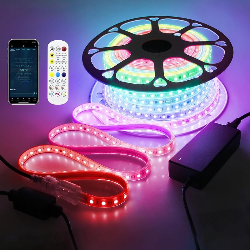 16-100FT Smart RGB IC LED Light Strip - Waterproof Multicolor Chasing Lights with APP & Music Sync for Bedroom & Outdoor