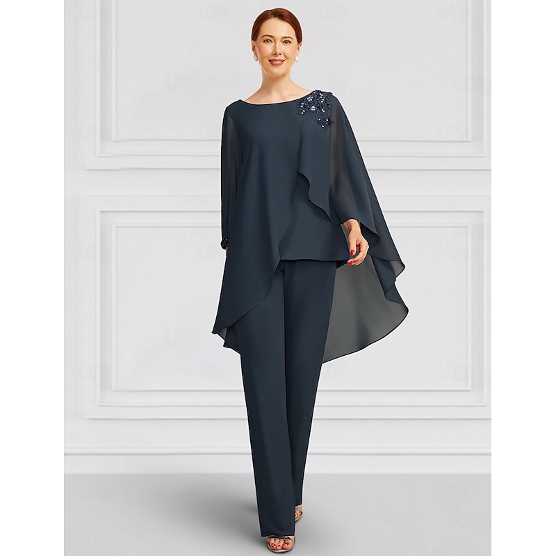 Two Piece Pantsuit Mother of the Bride  Elegant Jewel Neck Floor Length Chiffon Long Sleeve Wrap Included with Lace Ruffles Solid Color