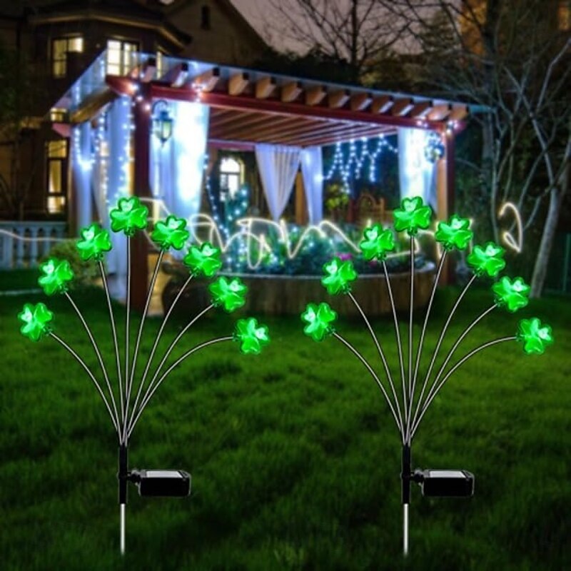 St. Patrick's Day 8-Head Clover Grass Insertion Lights - Decorative Lawn and Pathway Lights for Courtyard, Garden, Party, and Festive Atmosphere  2pcs