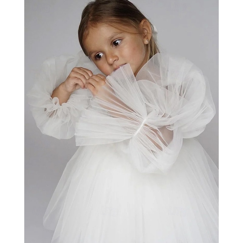 Flower Girl Dress Kid's Girls' Princess Dress Performance Wedding Party Elegant Beautiful Mesh Solid Color Long Sleeve Off Shoulder Black White 4 years+3