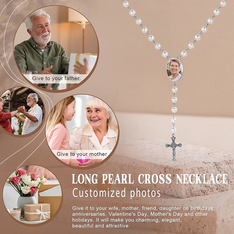 Personalized Photo Rosary Beads Cross Necklace with Photo Custom Memorial Gift for Women, Perfect for Wedding or Special Occasions3