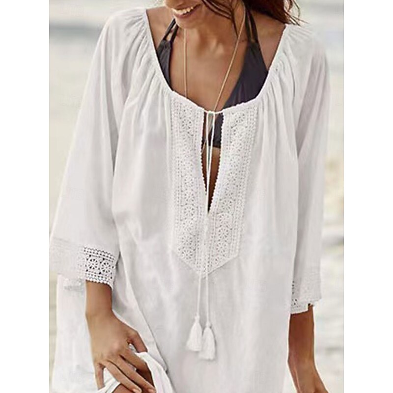 Women's Swimwear Cover Up Beach Dresses Swimsuit Tie Front Vacation Beach Wear Solid Color V Neck Long Sleeve3