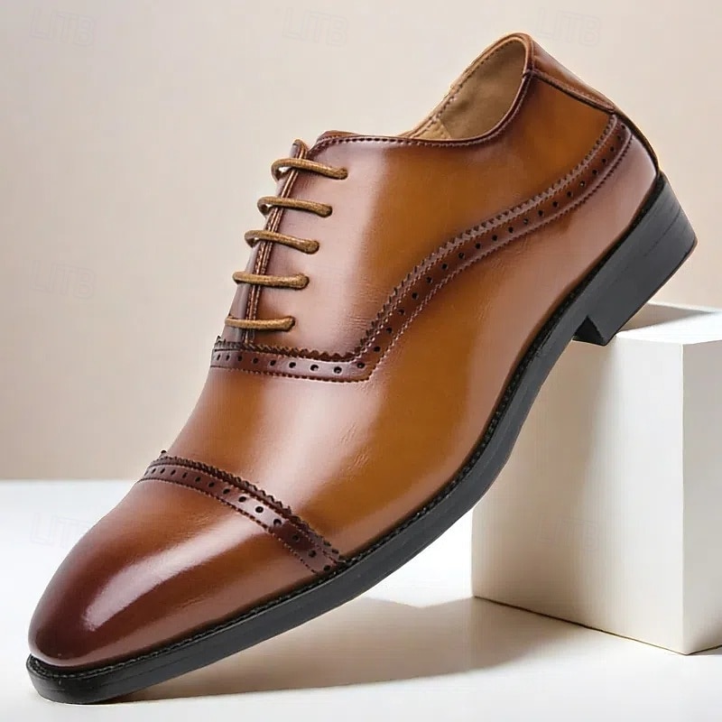 Men's Brown Faux Leather Oxford Shoes – Classic Brogue Design with Lace-Up Closure for Formal Business and Wedding Occasions