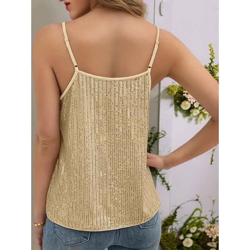 Women's Camisole Tank Top Solid Color Stylish Casual Sleeveless Strap Regular Tops Daily Sequins Backless Silver Black Beige Summer3