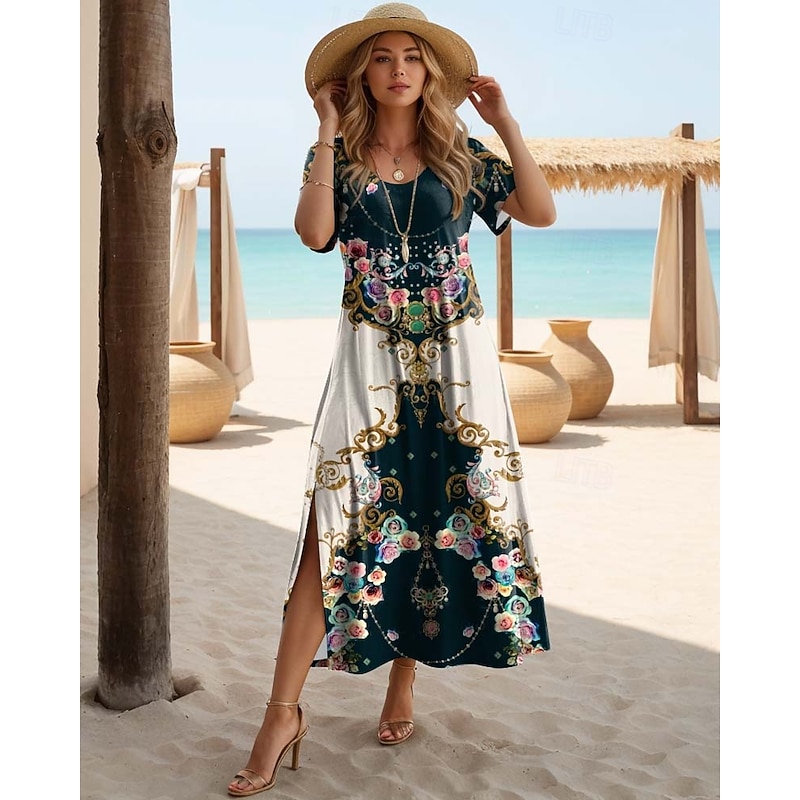 Women's Maxi Dress Casual Dress T Shirt Dress Tee Dress Sundress Bohemia Date Regular Fit Geometric Short Sleeve Crew Neck Black Red Blue Dusty Blue Summer