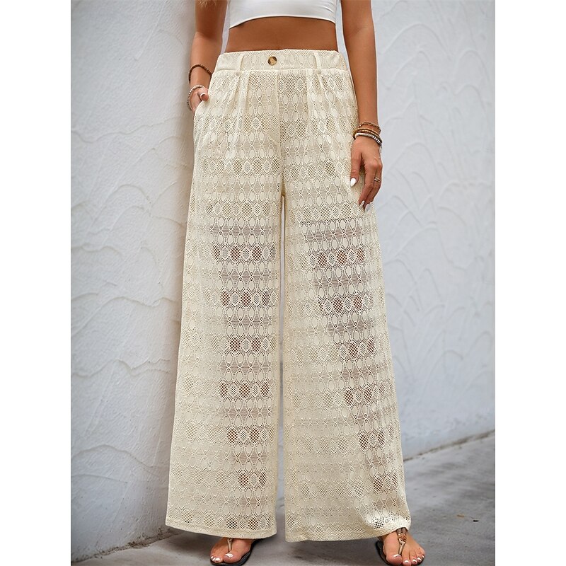 Women's Culottes Wide Leg Fashion Streetwear Stylish Full Length High Waist Plain Lace Knitted Comfy Soft Comfortable Micro-elastic Outdoor Vacation Party Almond Summer Spring Fall Regular Fit4