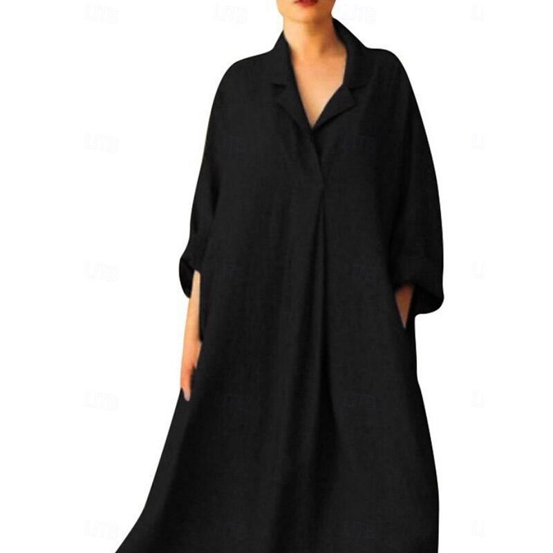 Women's Maxi Dress Cotton Linen Dresses Shirt Dress Casual Dress Basic Casual Vacation Daily Regular Fit Plain 3/4 Length Sleeve Shirt Collar Black Pink Summer4