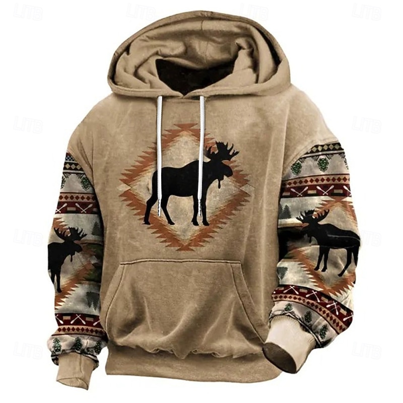 Men's Reindeer Tribal Graphic Prints Hoodie Hoodies Sweatshirt Daily Ethnic Long Sleeve Hooded Holiday Going out Streetwear Blue Sky Blue Print Spring &  Fall Designer