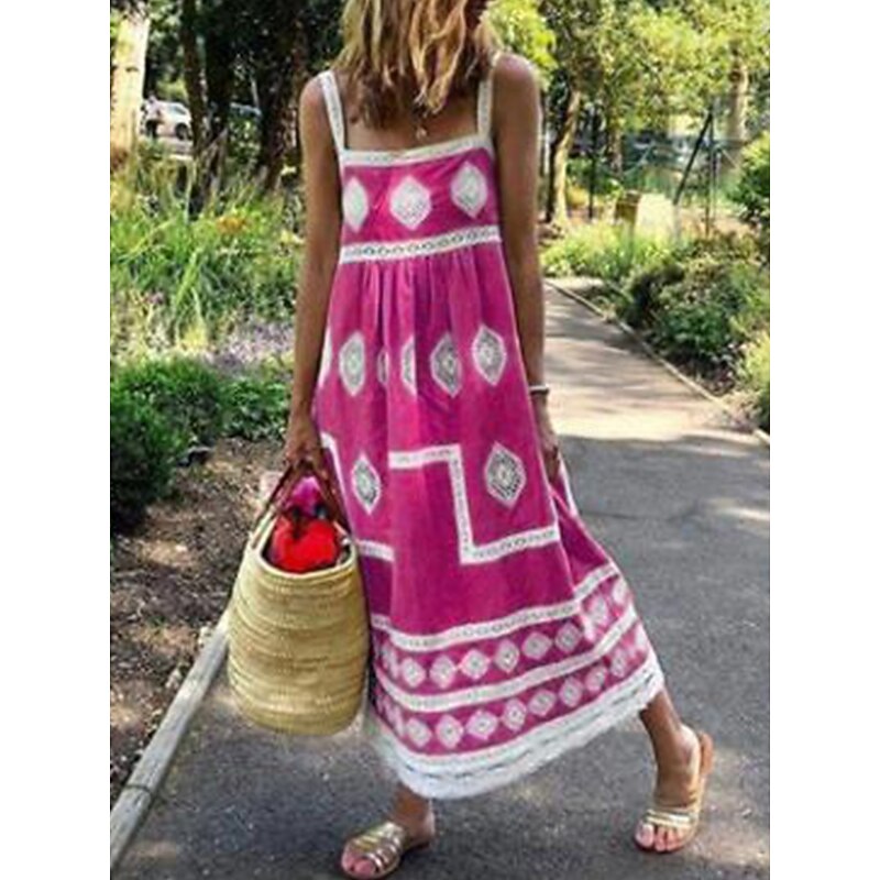 Women's Maxi Dress Casual Dress Boho Chic Dresses Boho Dress Bohemia Cute Stylish Vacation Daily Beach Loose Fit Graphic Sleeveless Square Neck Yellow Red Green Summer
