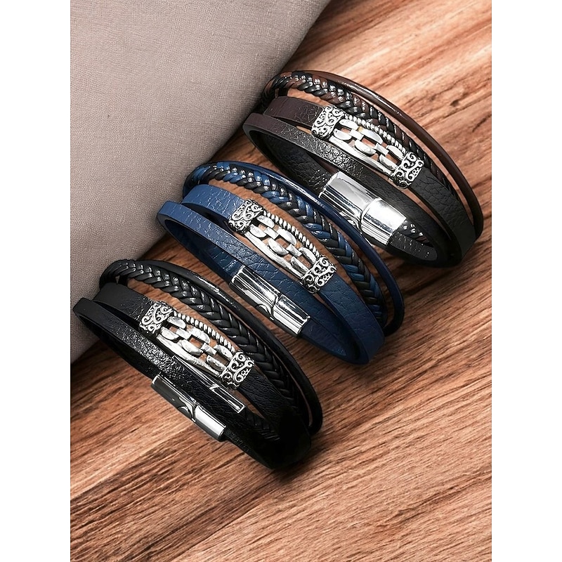 Men's Viking Style Faux Leather Multilayer Bracelet – Braided Design with Stainless Steel Charm, Adjustable Nordic Wristband for Casual and Formal Occasions3