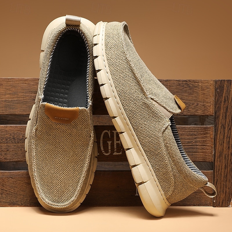 Men's Casual Slip-On Shoes – Comfortable Beige Canvas Loafers with Flexible Sole for Everyday Wear2