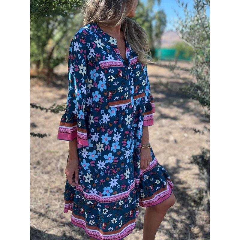 Women's Midi Dress Casual Dress Boho Chic Dresses Bohemia Casual Boho Vacation Daily Beach Loose Fit Floral 3/4 Length Sleeve Shirt Collar Navy Blue Royal Blue Purple Summer Spring2