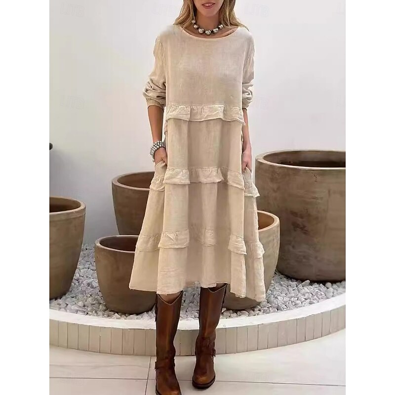 Women's Midi Dress Linen-Inspired Dresses Casual Dress Cotton Linen Dress Cotton Dress Basic Casual Vacation Daily Regular Fit Plain Long Sleeve Crew Neck Pink Green Apricot Summer Spring
