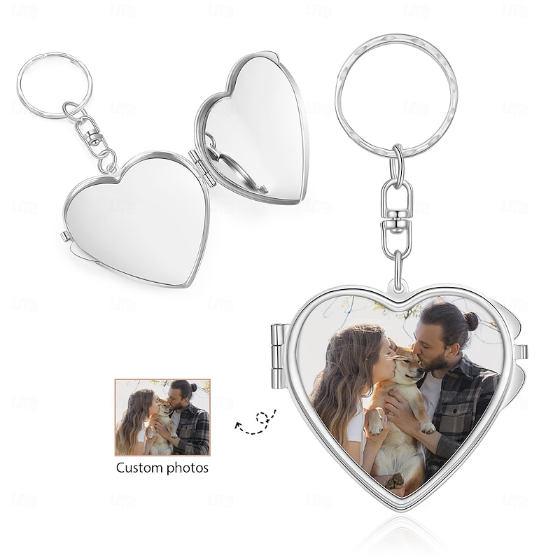 Personalized Photo Keychain Mirror Custom Best Gift for Mom - Double-Sided Two Photo Design, Heart-Shaped Mirror, Portable and Perfect Gift for Lovers