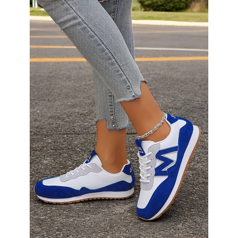Women's Royal Blue Retro Lace-Up Sneakers with Faux Suede Accents – Lightweight Casual Shoes for Everyday Wear and Outdoor Activities3