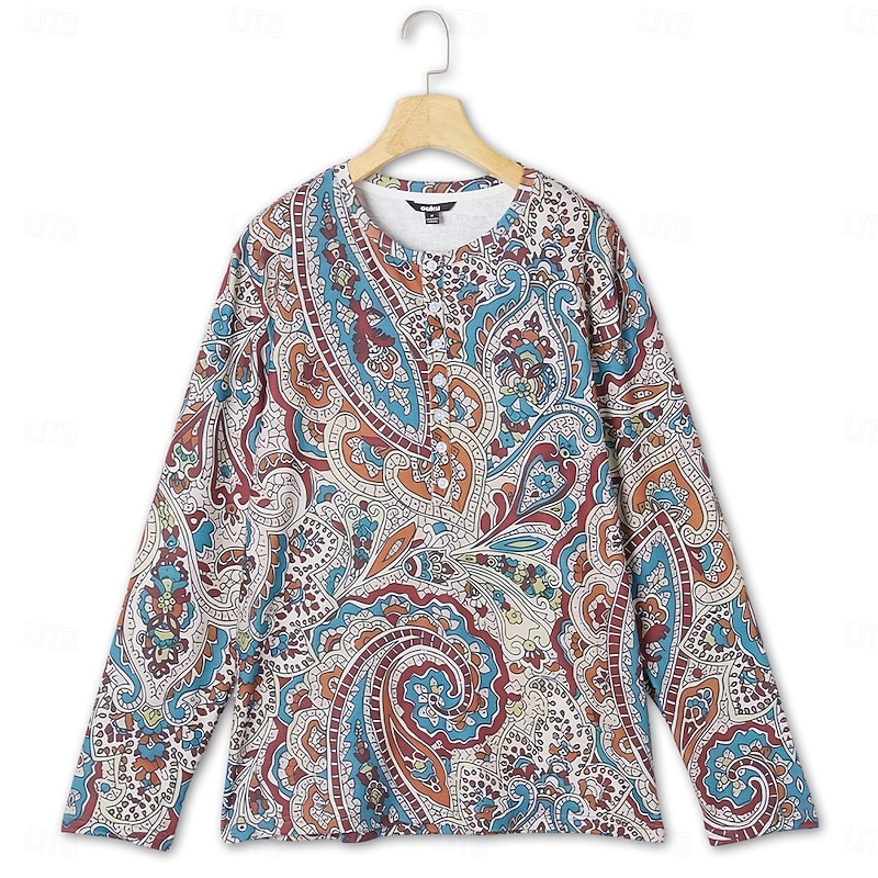 OUKU Men's T shirt Tee Henley Shirt Tee Graphic Tribal Henley Yellow Red Blue 3D Print Plus Size Outdoor Daily Long Sleeve Button-Down Print Clothing Apparel Designer Stylish Vintage Basic3