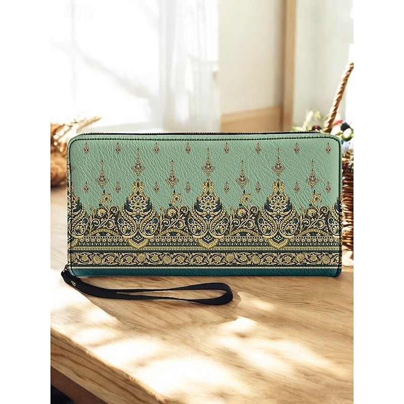 Bohemian Vintage Floral Printed Leather Wristlet Wallet – Elegant Zippered Clutch with Multiple Compartments, Perfect for Women's Daily Use, Parties and Special Occasions