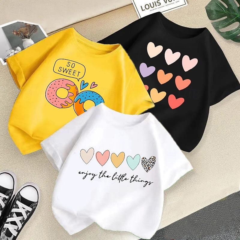 Multi Packs 3 Pairs Girls' Crew Neck Short Sleeves Black+White+Yellow T Shirt Heart Vacation Daily Wear Cotton Spring & Summer