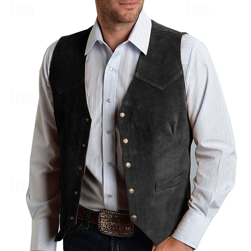 Men's Vest Gilet Suede Vest Vacation Daily Date Fashion Casual Spring &  Fall Pocket Buttons Spandex Polyester Comfortable Plain Single Breasted One-button V Neck Regular Fit Black Champagne Burgundy3