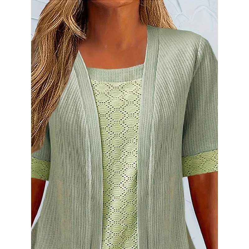 Women's Shirt Blouse Solid Color Stylish Casual Short Sleeve Crew Neck Regular Tops Daily Lace Patchwork Black Green Summer2