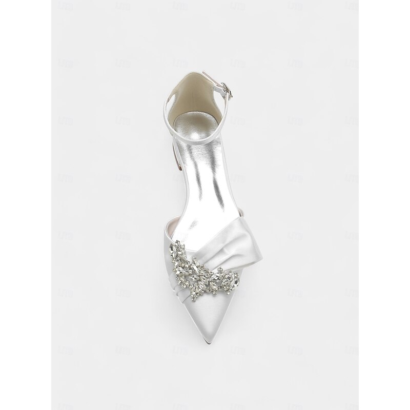 White Satin Pointed-Toe Heels with Rhinestone Bow and Ankle Strap - Perfect Bridal Shoes for Weddings4