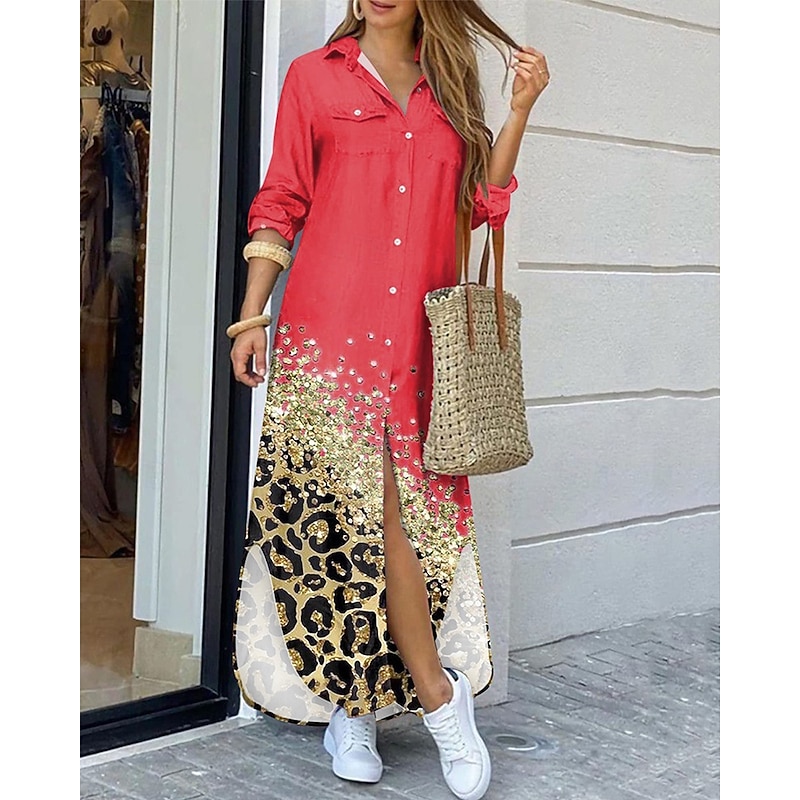 Women's Long Dress Maxi Dress Shirt Dress Casual Dress Summer Dress Stylish Casual Vacation Daily Date Regular Fit Color Block Long Sleeve Lapel Black Yellow Pink Red Summer Spring3